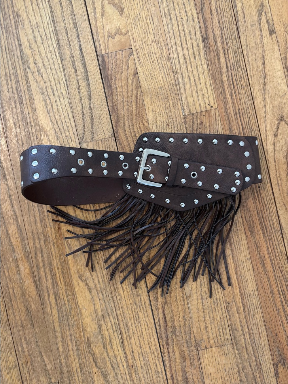 Studded Fringe Faux Leather Belt - Dark Brown